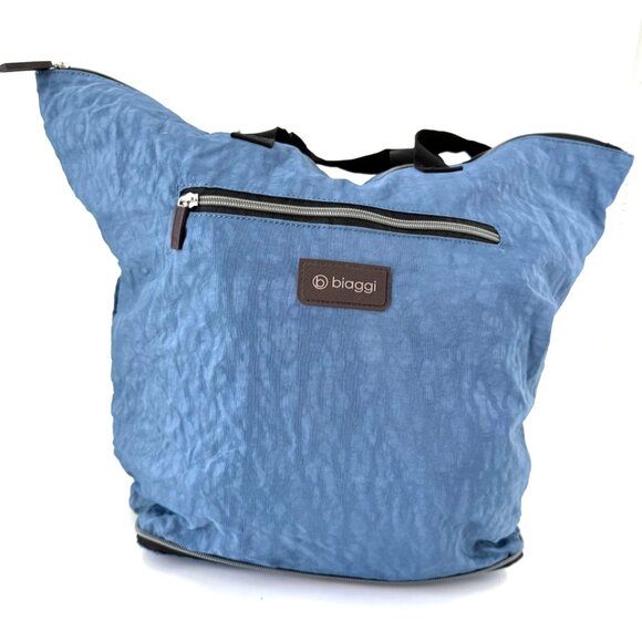 Biaggi Packable Nylon Tote Bag Blue Zip Top Blue Compact Travel Lightweight - Picture 1 of 7